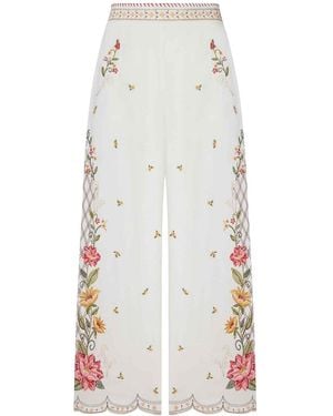 FARM Rio Palazzo Pants With Floral Embroidery - White
