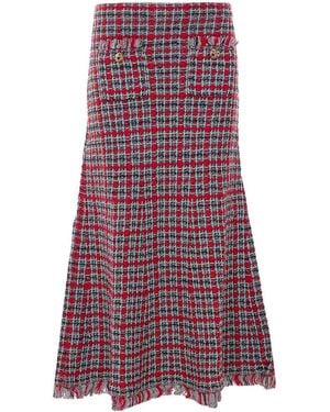 Self-Portrait Check Frayed Knit Midi Skirt - Purple