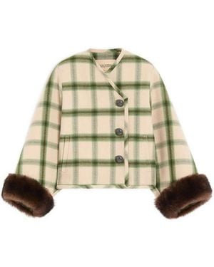 Valentino Garavani Windowpane Check Peacoat With Shearling - Natural
