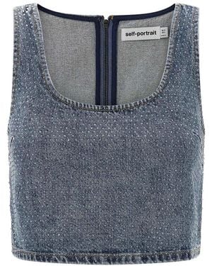Self-Portrait 'Rhinestone Denim Crop' Top - Blue