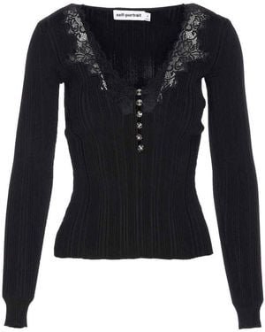 Self-Portrait Blacklace Trim Knit Top