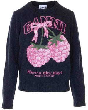 Ganni Graphic Wool Jumper - Blue