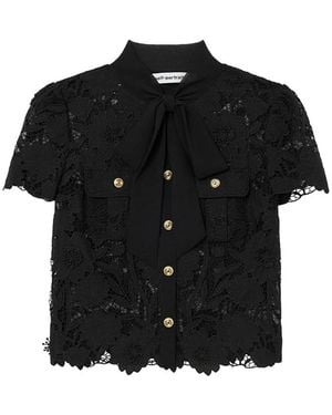 Self-Portrait Lace Tie Neck Top - Black