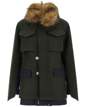 Sacai Wool Coat With Fur Insert - Black