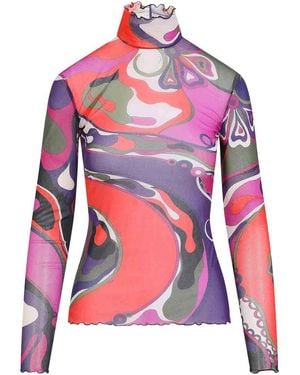 PUCCI Abstract-Print Turtleneck Sheer Top - Red