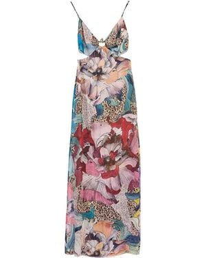 Just Cavalli Long Element Dress Chiffon Print Flowers - White