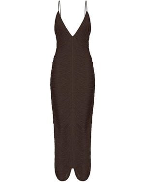 Bless Long Sol Dress With Fringes And V-Neck - Brown