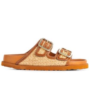 Birkenstock Naples Raffia And Nappa Clogs - Brown