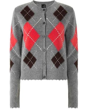 Pinko Cashmere Wool Argyle-Intarsia Crewneck Cardigan - Grey