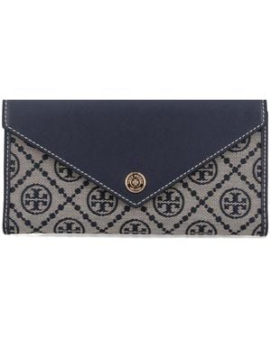 Tory Burch Leather And T Monogram Fabric Wallet - Blue