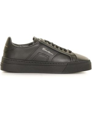Santoni Double Buckle Leather Trainer - Black