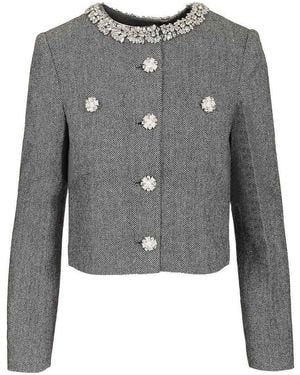Self-Portrait Herringbone Jacket With Crystal Trim - Gray
