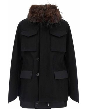Sacai Wool Coat With Fur Insert - Black