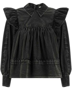 Ganni Washed Frill Blouse - Black