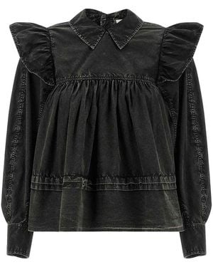Ganni Washed Frill Blouse - Black