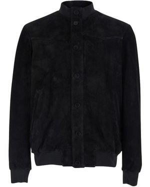 Low Brand Suede Jacket With Ribbed High Collar - Black