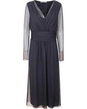 Alberta Ferretti Midi Dress With Deep V-Neckline And Sheer Sleeves - Blue