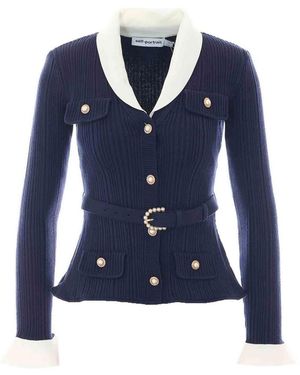 Self-Portrait Ribbed Knit Cardigan - Blue