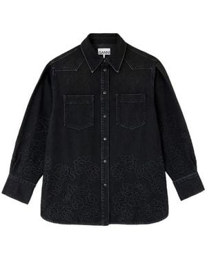 Ganni Broderie Anglaise Denim Loose Shirt - Blue