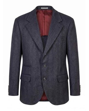 Brunello Cucinelli Herringbone Cashmere And Silk Jacket - Blue