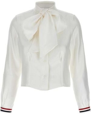 Thom Browne Cropped Silk Shirt With Levalliére Collar - White