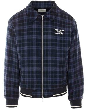 Drole de Monsieur Check Flannel Slogan Jacket - Blue