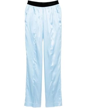 Tom Ford Ice-Colored Stretch Silk Satin Pajama-Style Pants With Velvet Waistband And Embroidered Logo - Blue
