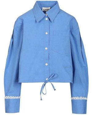 Ganni Cotton Shirt With Lace Details - Blue