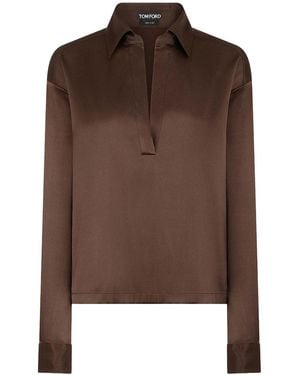 Tom Ford Silk Satin Blouse With Tf Logo Embroidered In Tone-on-tone Brown