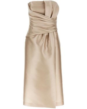 Alberta Ferretti Mikado Longuette Dress With Front Draping - Natural