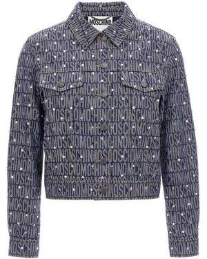 Moschino Cotton Denim Blend Jacket With Signature Logo Pattern - Blue