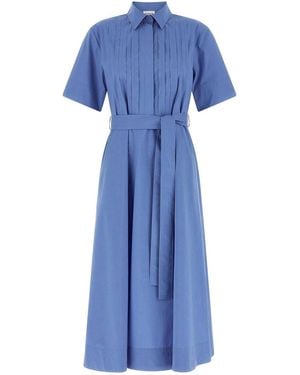 P.A.R.O.S.H. Long Dress With Classic Collar And Waist Belt - Blue