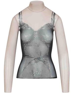 Balenciaga Printed Stretch Tulle Turtleneck Long-Sleeve Top - Gray