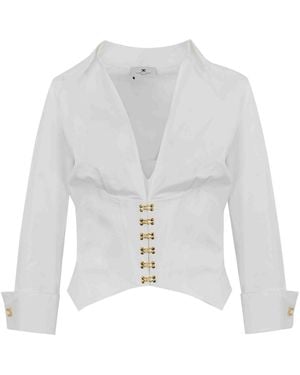 Elisabetta Franchi Stretch Cotton Shirt With Jewel Logo Hooks - White