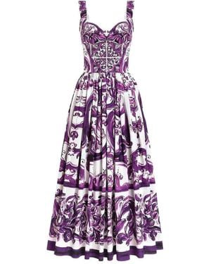 Dolce & Gabbana Cotton Majolica Print Pleated Maxi Dress - Purple