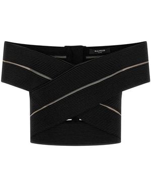 Balmain Off-The-Shoulder Crop Top - Black