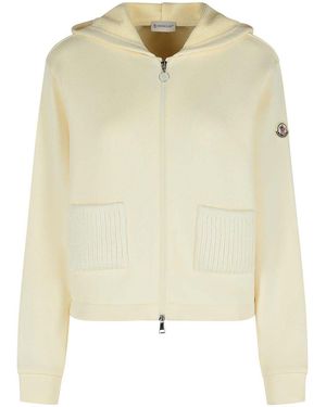 Moncler Zip Up Cotton Blend Sweatshirt - Natural