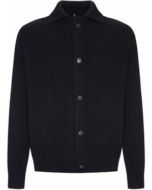 Zanone Ribbed Knit Cardigan With Collar And Buttons - Blue