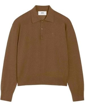 Ami Paris Wool-Silk Blend Polo Shirt - Brown