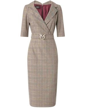 Pinko Love Birds Check Wool Dress With Belt - Natural