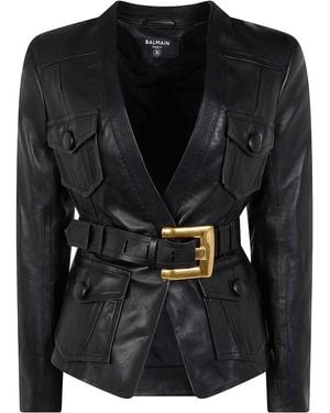 Balmain 4 Pockets Belted Fitted Lambskin Jacket - Black