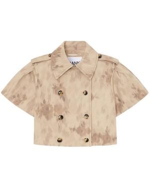Ganni Double Cotton Short Sleeved Jacket Printed - Natural