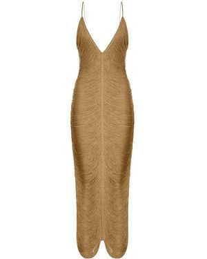 Bless Long Sol Dress With Fringes And V-Neck - Natural