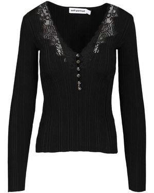 Self-Portrait Knitted Top With Lace - Black