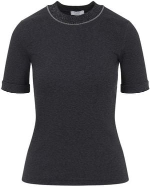 Peserico Ribbed Crew Neck T-Shirt With Lurex Detail - Black