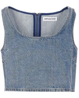 Self-Portrait Rhinestone Denim Crop Top - Blue
