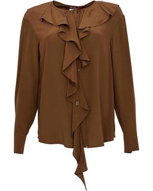 Max Mara Mstepica Silk Blouse With Chocolate Ruffles - Brown