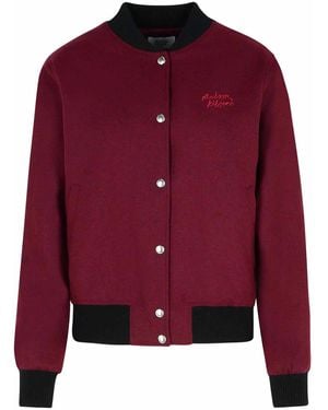 Maison Kitsuné 'Teddy' Burgundy Flannel Bomber Jacket - Red