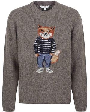 Maison Kitsuné Dressed Fox Intarsia Wool Jumper - Grey