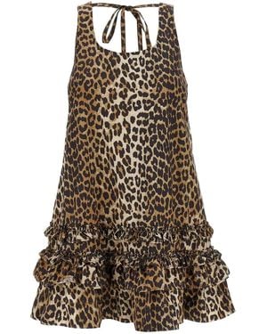 Ganni Leopard Cotton Poplin Mini Dress - Brown